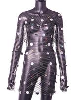 European and American women's clothing transparent sexy nightclub women's clothing grid flash diamond round neck long-sleeved top L gray