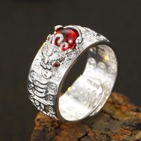 Domineering China Feng Shui Brass Pixiu Ring 2026 Amulet Wealth Good Luck Jewelry Inlaid Red Beads Copper Coin Adjustable Ring gray