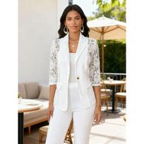 Womens Lace Cut-Out Blazer Jacket With 3/4 Sleeve Sexy Casual Suit Coat In Solid Colors XL