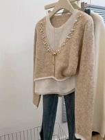 Grey stacked fake two-piece top women's lazy style temperament knitted sweater one size fits all