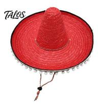 Sun Protection Hat Mexican Sombrero with Colorful Poms, Hawaiian Style Woven Straw Hat, Wide Brim Lightweight Fashionable Party Costume for raudona