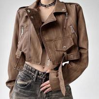 Vintage Cool Sa Style Leather Jacket Women's Spring and Autumn Street Fashion Popular Small Loose Short Leather Jacket XL Recommended 57.5kg-65kg black