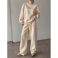 Women's Crewneck Sweatshirt & Drawstring Straight-Leg Pants 2-Piece Set, Fashionable Printed Casual Outfit, Autumn/Winter Lounge Set 5XL beige