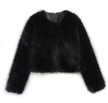 Faux Fur Jacket Fashion Women's Faux Fur Effect Round Neck Long Sleeve Short Jacket L black