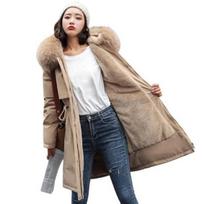 Winter Plus Size Jacket Women Long Sleeve Knee Length Thick Plush Furry Hood Pockets Zipper Button Closure XXXL beige