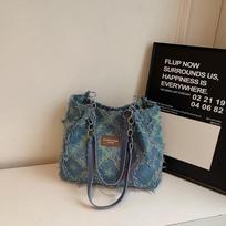 Vintage Plaid Tassel Denim Tote Bag for Women Large Capacity Star Design Shoulder Bag Casual Handbag gray