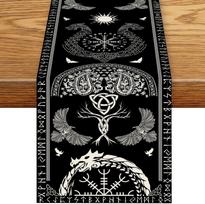 Nordic Viking Birds Mythology Raven Helmet of Awe Table Runner Home Table Decor Reusable Kitchen Dining Table Runner Party Decor 150x33cm brown