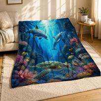 Dolphins Sea Turtle Reef Coral Fleece Blanket Ocean Wildlife Decor 75cm*90cm