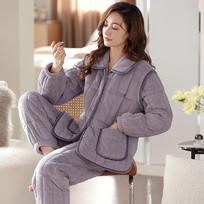 Padded Pajamas Women'S Winter Three-Layer Thickened Coral Fleece Autumn And Winter Padded Jacket Can Be Worn Outside, Velvet Loungewear Warm Suit M black