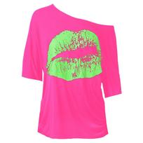 Spring and Summer Women's Nostalgic Big Lip Printed Clothing, Women's Diagonal Shoulder Mid Sleeve T-shirt 3XL green