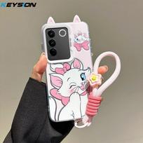KEYSION Cute Ear Cartoon Case for VIVO Y100 5G with Lanyard Soft Silicone+PC Shockproof Phone Back Cover for VIVO Y100 for VIVO Y100 5G white