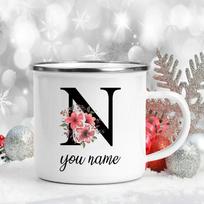 Emalio puodelis Custom Personalized Name Flower Letter Alphabet Mug Camping Handle Coffee Tea Milk Mugs Festive Birthday Gifts 360ml gray
