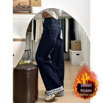 Dark Blue Fleece-Lined Straight-Leg Women's Jeans - 2025 Winter High Waist with Rolled Cuffs and Loose Hip-Covering Fit. XL black