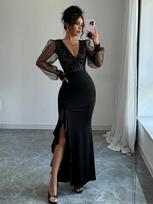 Spring and Autumn Knitted Dress Elegant Sexy Neck High Waist Slim Fit Sequin Splicing Elastic Dress XL gray