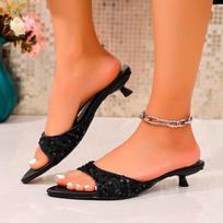 Stiletto Slippers New Summer Style Pointed Sequined Cloth Cover Foot Non-slip Wear-resistant Low-heeled Flip Flops 42 orange