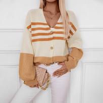 Women's Knitted Cardigan 2026 Autumn/Winter New Style Stripe Joining Sweater Color Blocking Opening Sweater Pullovers XL beige