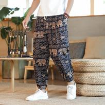 Men's Thai Style Cashew Flower Linen Wide-Leg Pants 2XL 150-170 jin black