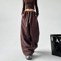 Faux Lambswool Warm Wide-Leg Pants Women Y2K Winter Chic Thick Drawstring Joggers Female Solid High Waist Loose Sweatpants New S black