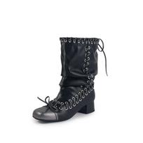 2025 bow straps woven western boots foreign style great good-looking punk wasteland wind wide tube pile small short boots women 42 black