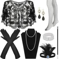 Vintage 1920s Flapper Party Women Costume Accessories Set Feather Headband Necklace Earrings Gloves for Cocktail Party gray