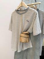 Korean Style Women's Niche Cartoon Embroidery Striped Half-Sleeve T-shirt Large gray