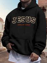Casual Fleece-Lined hoodie with  JESUS KING OF KINGS  Print - Black M black