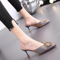 Fashion Blue Pointed Toe Mules Stiletto Sandals Woman Slippers Outside Rhenstone Heeled Job Slides Shoes for Women I H Sandal G Unique B 40 gray