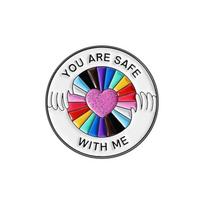Round Rainbow Heart Enamel Pins aCustom You Are Safe With Me Brooch Cartoon Hand Hug Lapel Badges Jewelry Gifts For Kids Friends white