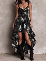 In stock, the new European and American style printing suspender dress women's V-neck waist high split long dress fashion vacation dress M black