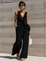 New Women's Casual Resort Style Ruffled Hem Sleeveless V-Neck Solid Color Cotton Linen Jumpsuit L gray