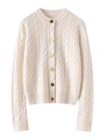 Women's Pure Cashmere Cable Knit Slim Fit Cardigan with Metal Buckle L white