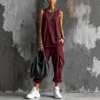 Moterų vientisos spalvos berankovis topas ir cargo kelnės dviejų dalių komplektas Streetwear laisvo kirpimo vasaros apranga 2XL