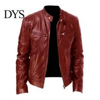 Men Winter Jacket Motorcycle Coat Faux Leather Windproof Stand Collar Solid Color Zipper Pockets Smooth Plus Size Mid Length Fall Spring XL black
