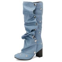 Fashion Women's Knee High Boots Sexy Pleated Autumn Winter Shoes Black Blue Jeans Heeled Long Boot Ladies Shoes Large Size 45 New Trends 36 gray