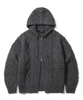 TRILLION Washable Aran Cable Hooded Zip-Up Knit (Charcoal) Charcoal/Xl gray