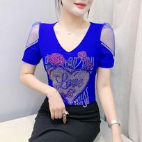 Streetwear Girl Chic Summer T-shirt Fashion Sexy Slim Women Flower Heart Tops Shiny Rose Hot Diamonds Design Tees 3XL blue