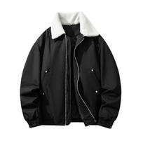 Men's High-Quality Insulated Fleece Jacket with Sheepskin Fur Trim, Autumn/Winter Casual Stylish Motorcycle Outerwear L black