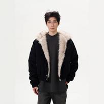 American Vintage Style Fur Collar Jacket Mens Niche Trendy Jacket Cotton Clothes XXL black