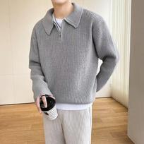 Men's Half-Zip Polo Sweater - American-Style Knitwear for Fall & Winter L gray