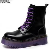 Thick bottom hole locomotive boots purple bottom British women's short boots muffin bottom 40 black