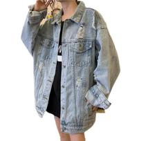 Women's Spring and Fall Big Yards Loose Thin Denim Jacket Long-sleeved Cotton Jacket 4XL gray