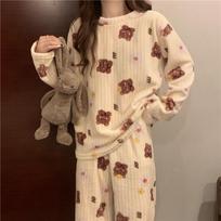 Autumn And Winter Coral Fleece Pajamas Women'S Loungewear Two-Piece Set Flannel Nightgown Fleece Thickened Outer Wear Warm Suit one size fits all ( 40-70kg ) brown