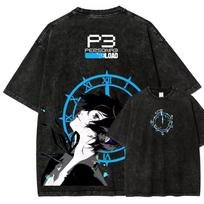 Persona 3 Blue Clock Anime Character Graphic Print T-shirt Black Washed Oversized Cotton Casual Streetwear Tee For JRPG Fans 110 black