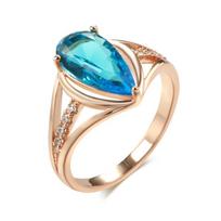 Luxury Blue Natural Zircon Big Ring For Women Fashion  Rose Gold Water Drop Accessories Wedding Daily Jewelry  New 9