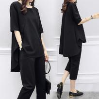 Spring and Summer Korean Style Women's Loose Slimming Fashion Suit Short-sleeved Top Casual Cropped Pants Two-piece Set 4XL black