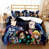 3D Anime Demon Slayer Bedding Set Nezuko Tanjirou Printed Bed Set Duvet Cover Pillowcase Linen Sheet Quilt Cover Queen King Size EU Single 135x200cm