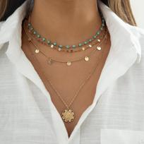 4Pcs/Set Boho Stone Flower Plate Pendant Choker Necklace for Women Vintage Gold Color Adjustable Chain Aesthetic Jewelry Gift brown