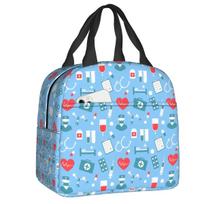 Nurse Tool Pattern Insulated Lunch Tote Bag for Women Nursing Resuable Thermal Cooler Food Lunch Box Work School Travel 22x20x13cm white