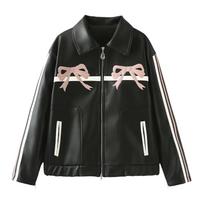 Women Vintage Lapel Collar Jackets Harajuku Bow Zipper Pu Overcoat Female Casual Tops Winter Autumn Streetwear Chic Y2k Clothes L black