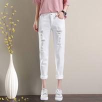 High-waisted Loose-fit Hole Ripped Jeans for Women 25 white